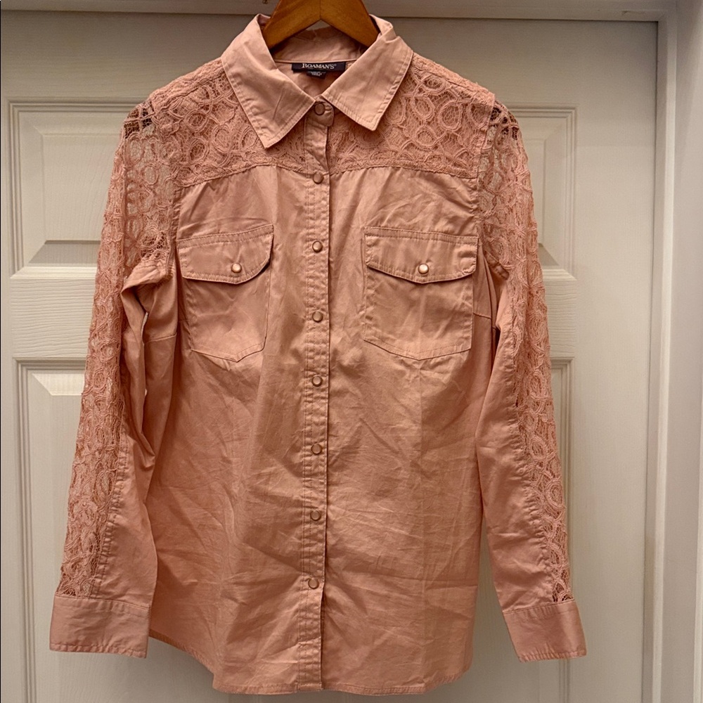 COASTAL COWGIRL Roaman’s Pearl Snap Pink Lace Western Shirt 14W Boho Shabby Chic